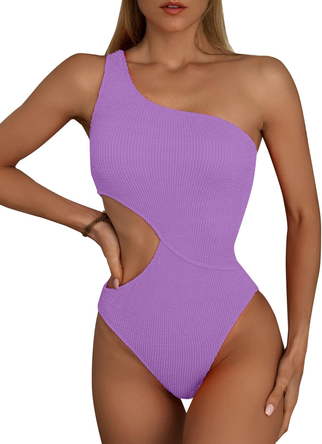 Limeeke Women's Cutout One Piece Swimsuit One Shoulder Swimwear Ribbed Monokini Bathing Suits